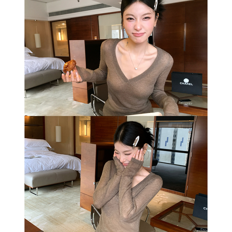 Hamyiho Mohair Wool Deep V-Neck Long-Sleeved Knitwear for Women, Simple Inner Wear, Versatile Basic Sweater Top Hamyiho Mohair Wool Deep V-Neck Long-Sleeved Knitwear for Women, Simple Inner Wear, Versatile Basic Sweater Top