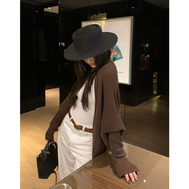 Hamyiho Brown Batwing Sleeve Knitted Cardigan Autumn Sweater Shawl Coat Women's Brown Autumn and Winter Outerwear Top