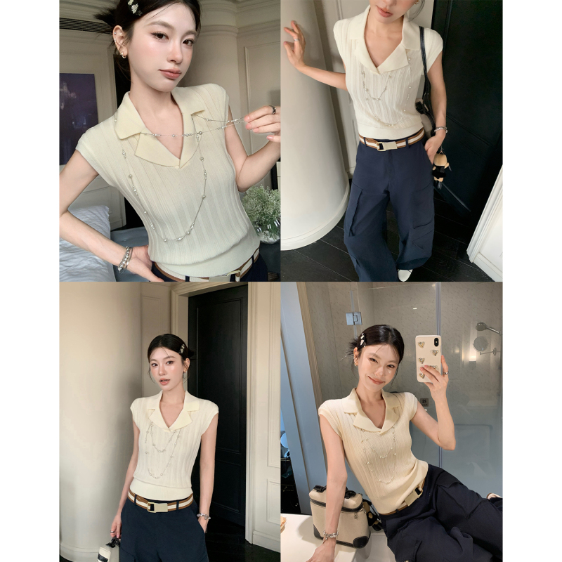 Hamyiho Casual Comfortable Versatile Short-Sleeved T-Shirt for Women, Summer Thin Simple Lapel Sleeveless Knitted Polo Shirt Top