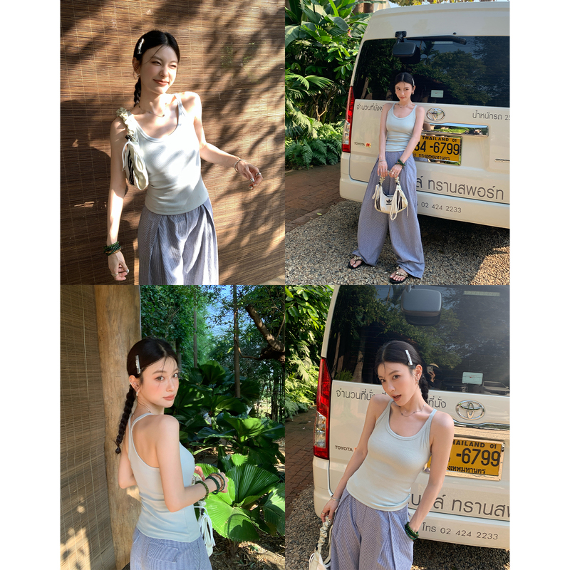 Hamyiho White Halter Neck Camisole for Women, Slim Fit, Outerwear, Brown Inner Layer, with Chest Pads, Sleeveless Top Hamyiho White Halter Neck Camisole for Women, Slim Fit, Outerwear, Brown Inner Layer, with Chest Pads, Sleeveless Top