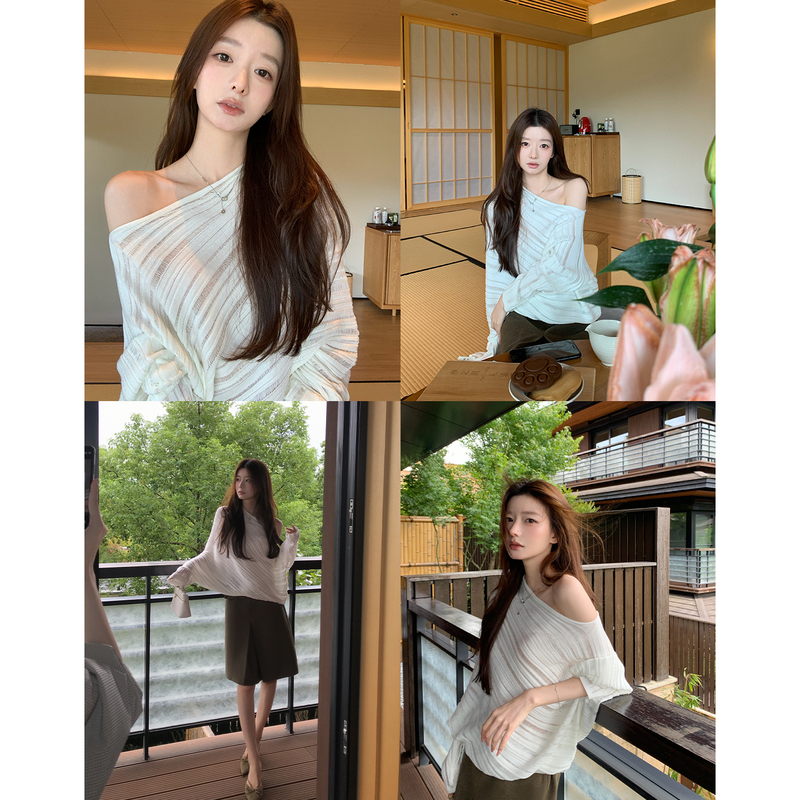 Hamyiho White Off-Shoulder Long-Sleeve Top with a Unique Hollow-Out Design, Suitable as a Base Layer or Outerwear for Women in Autumn, Loose-Fitting T-Shirt with Exposed Shoulders Hamyiho White Off-Shoulder Long-Sleeve Top with a Unique Hollow-Out Design, Suitable as a Base Layer or Outerwear for Women in Autumn, Loose-Fitting T-Shirt with Exposed Shoulders