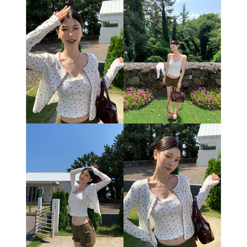 Hamyiho Korean Style Lace-Trimmed Long-Sleeve Knitted Camisole Women's Cardigan Floral Sweet Style Two-Piece Top Set Hamyiho Korean Style Lace-Trimmed Long-Sleeve Knitted Camisole Women's Cardigan Floral Sweet Style Two-Piece Top Set