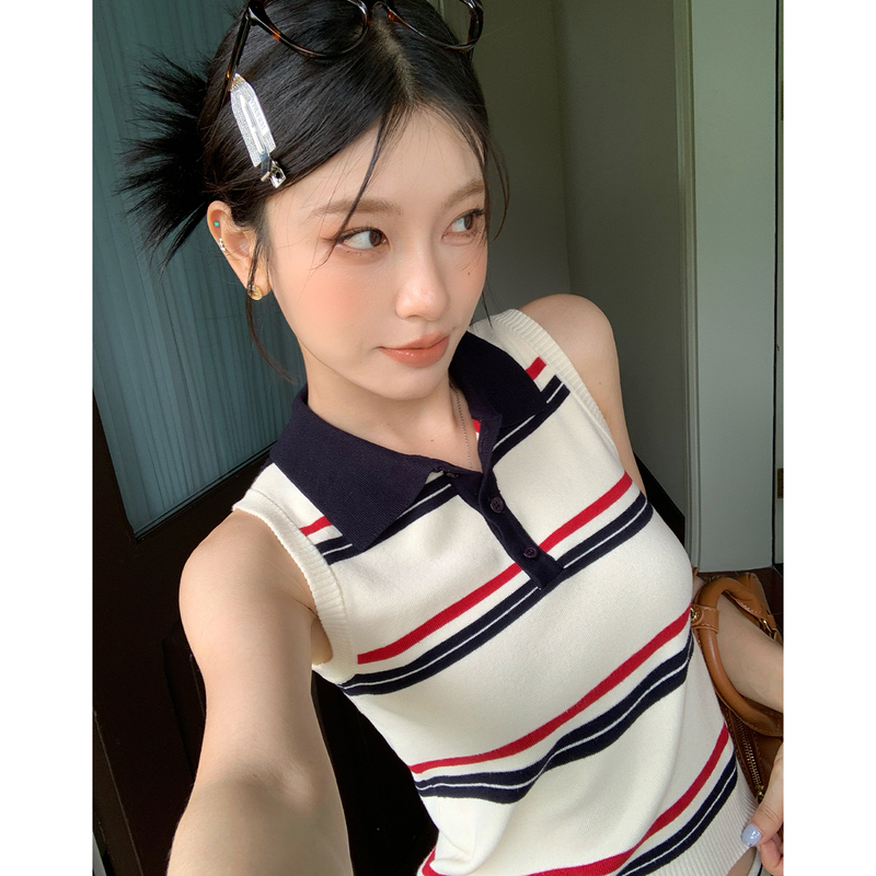 Hamyiho Miu Style Polo Shirt Knitted Striped Vest Women's Summer 2026 New Style Lapel Sleeveless Top