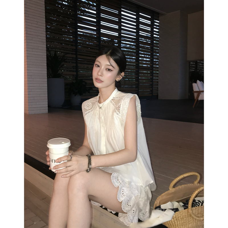 Hamyiho French Lace Trim Sleeveless Blouse Women's Summer Design Short Skirt Skirt-Pants Set Hamyiho French Lace Trim Sleeveless Blouse Women's Summer Design Short Skirt Skirt-Pants Set