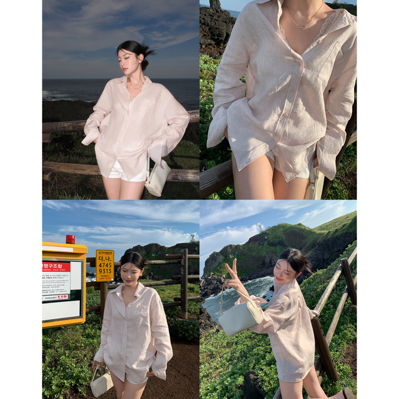 Hamyiho 100% Linen Long-Sleeved Striped Shirt for Women, Summer Thin Korean Style Lazy Loose Sun Protection Shirt Cardigan Hamyiho 100% Linen Long-Sleeved Striped Shirt for Women, Summer Thin Korean Style Lazy Loose Sun Protection Shirt Cardigan