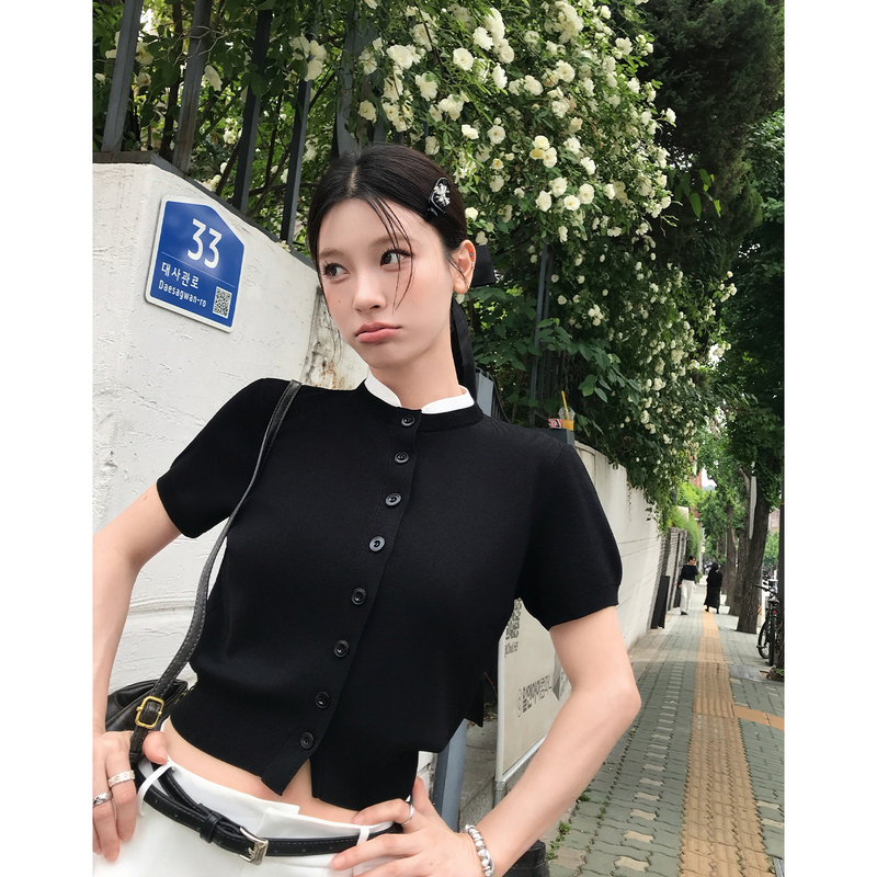Hamyiho Miu Series Round Neck Knitted Short-Sleeved T-Shirt for Women, Autumn Fake Two-Piece Waist-Cinching Slimming Short Top, Black