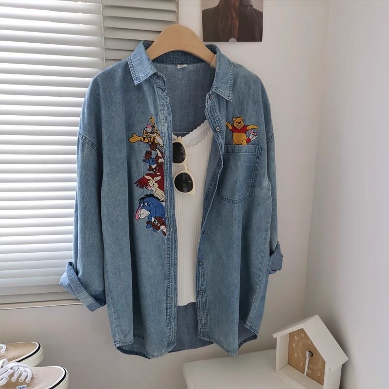 Extra Large Size 1.0-150kg Cartoon Embroidered Washed Denim Shirt for Men and Women, Loose Fit, Body-Covering Polo Collar Jacket for Autumn