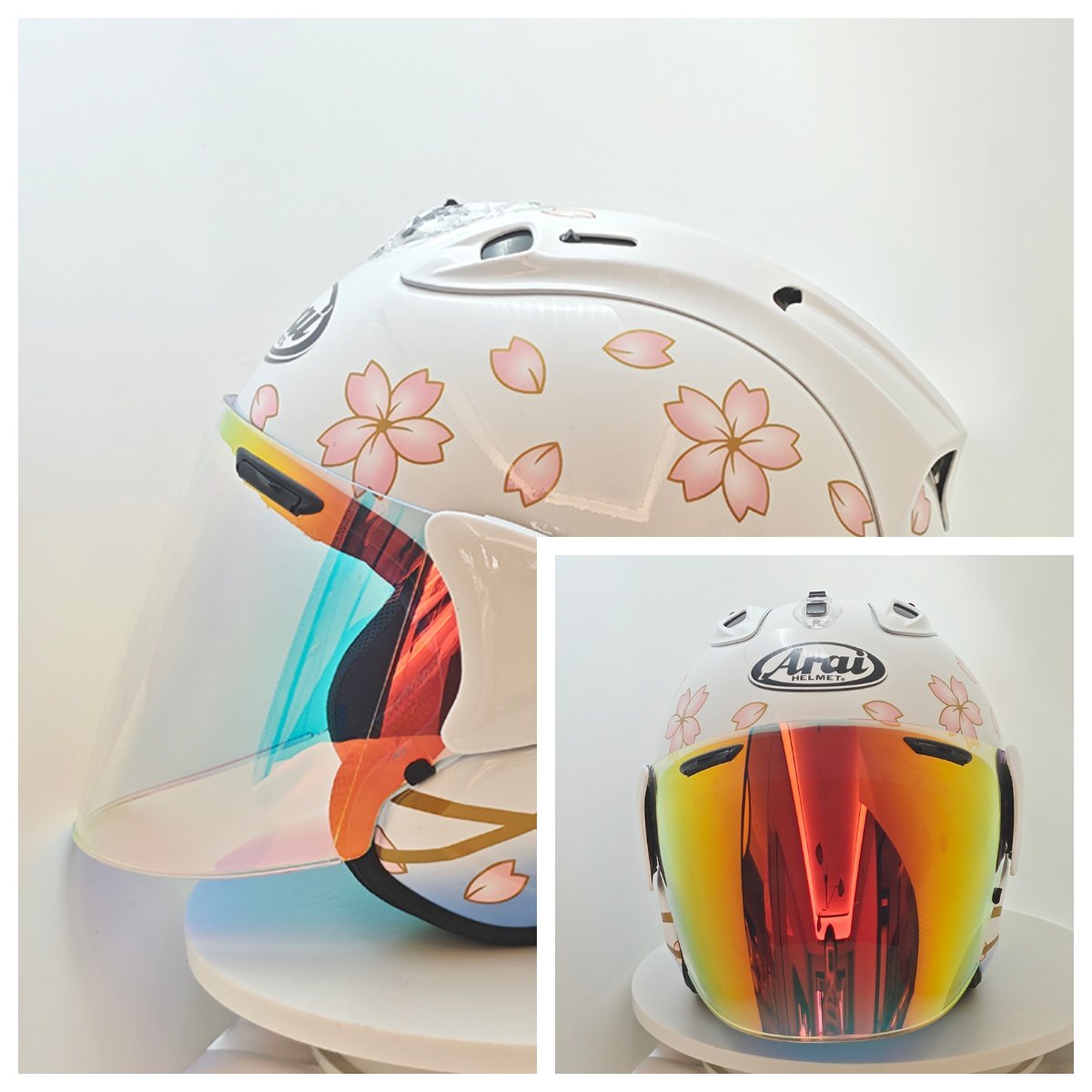 VZ-RAM四分之三机车头盔半盔摩托车头盔四季通用白樱花骑行头盔