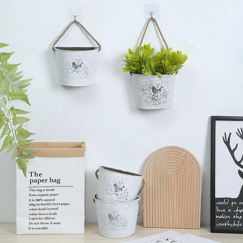 Nordic Iron Sheet Wall Trim Flower Pot Semi-circular Wall Wall Hanging Basin Hemp Rope Hanging Living-room Home Decoration Dry Flower Silo-Taobao