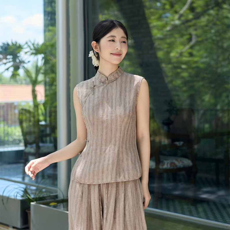 Small Garden Style Pure Linen Diagonal Collar Sleeveless Top for Women, Slim Fit, Flattering, Simple, Elegant, Artistic Style Set