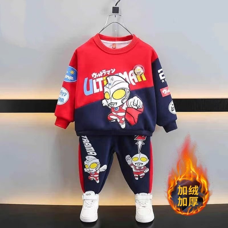 Ультрамен плюс бархатный утепленный костюм для мальчиков, красивый свитер, спортивные штаны, осенне-зимний детский тренд из двух предметов с героями мультфильмов на весну и осень