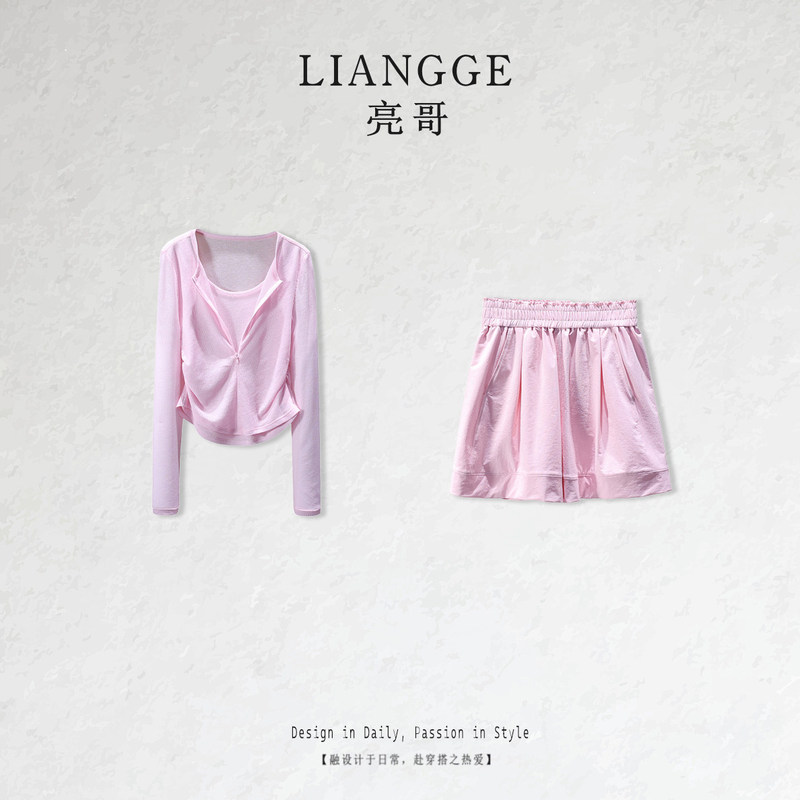 Liangge/Liang Ge【Cherry Blossoms and Snow】Fake Two-Piece Ice Silk Top and Functional Shorts Set Women's Clothing T074 Liangge/Liang Ge【Cherry Blossoms and Snow】Fake Two-Piece Ice Silk Top and Functional Shorts Set Women's Clothing T074