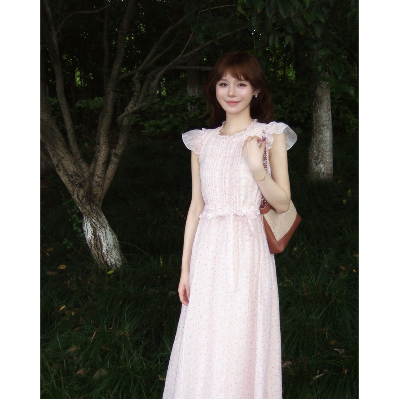 Meijing's [Gypsophila] Korean-Style Pink Gentle Dress for Women, Summer Tie-Waist Slimming Long Dress