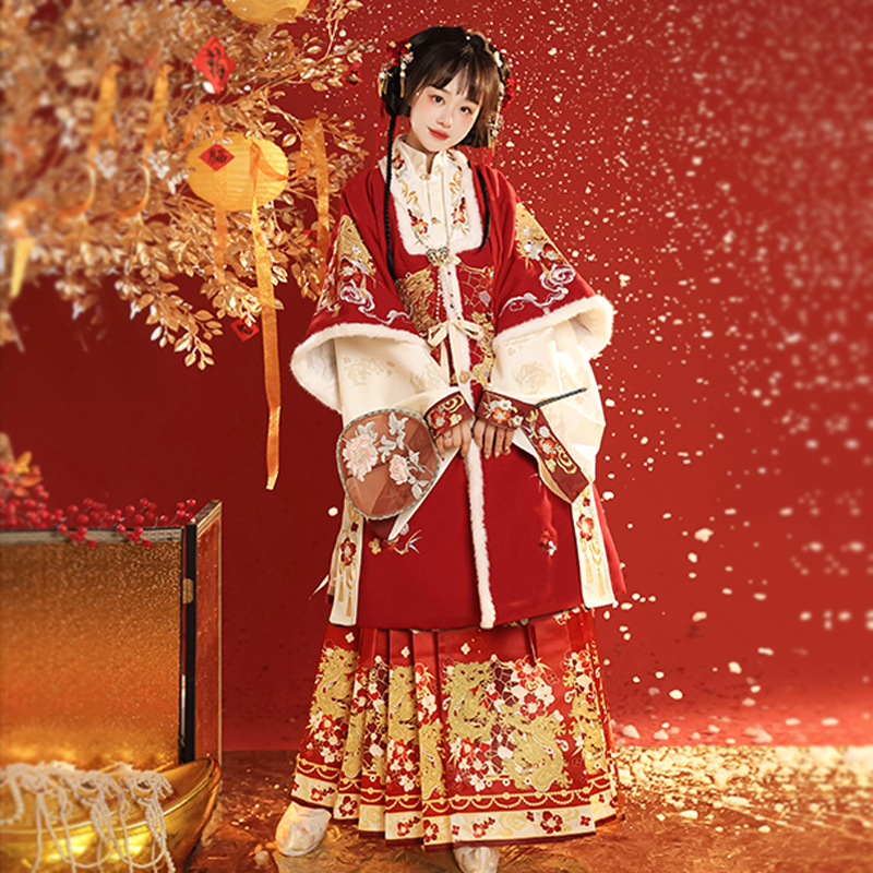 Jade Finger Twist_ Banquet Dragon Bead Jade Ming Dynasty Hanfu for Women 2025 New Winter Red Thickened New Year Dress Horse Face Skirt Ancient Costume