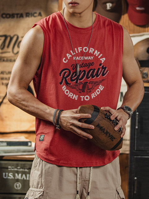 Brick Red Cotton Sleeveless Vest T-Shirt Men's Summer Breathable Loose Sports Sweat Vest American Retro T-shirt