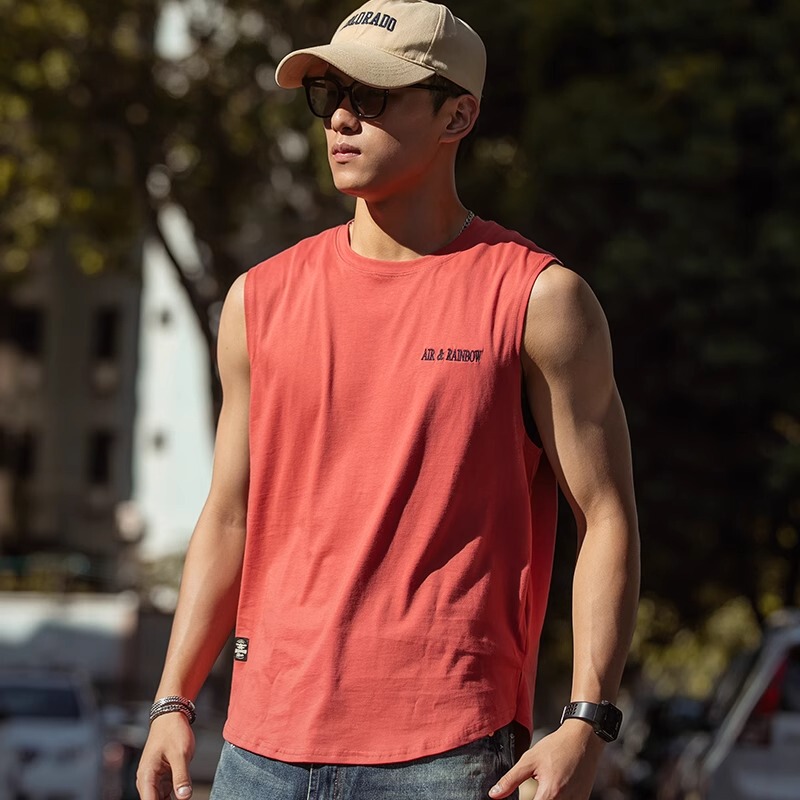 Pure Cotton Sleeveless Wide-Shoulder Tank Top T-Shirt for Men, Summer Breathable Loose Sports Sweat Vest, American Retro Style T-Shirt