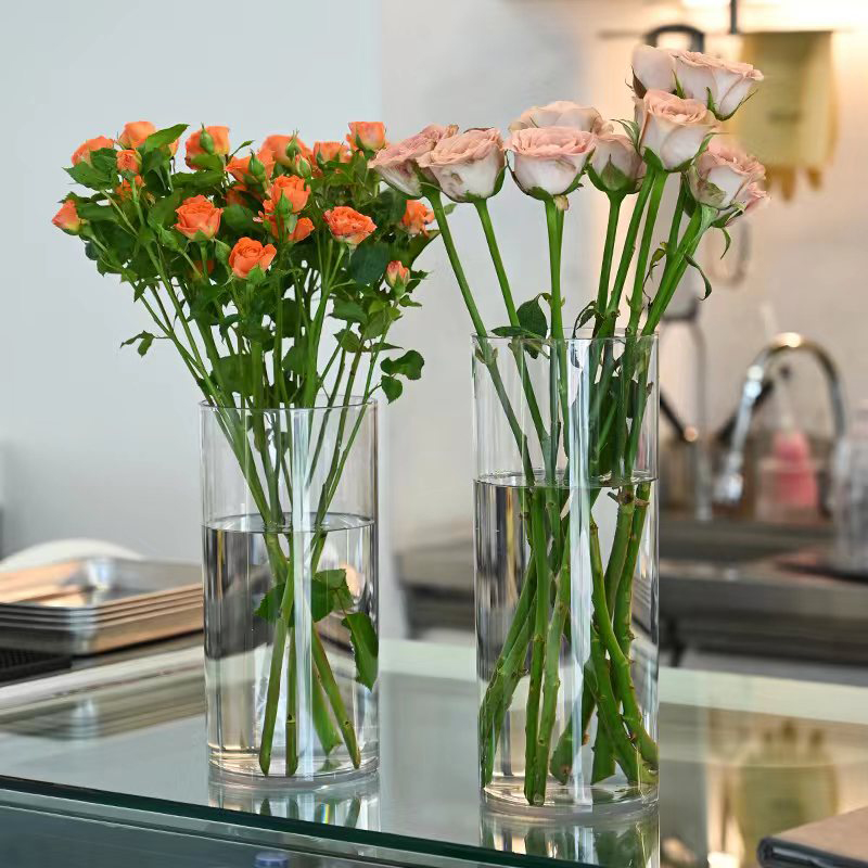 Transparent straight drum vase anti-fall PC acrylic brief about straight barrel round plastic insert vase awake flower barrel flower shop materials-Taobao