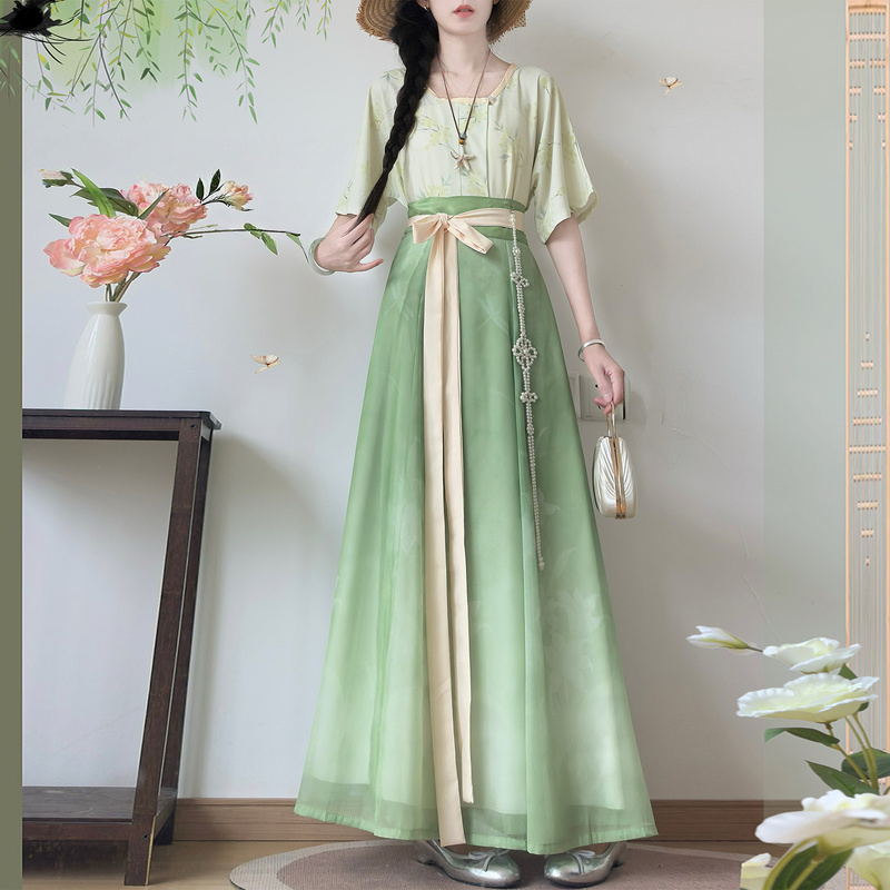 Hua Jichu Tao Original Hanfu Women's Round-Neck Short-Sleeve One-Piece Perforated Skirt Chinese Style Daily Commute Summer Outfit