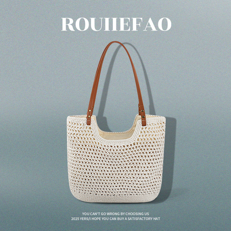 2025 New Large-Capacity Cotton Woven Bag for Women, Beach Vacation Shoulder Bag, Underarm Bag, Commuter Tote Bag