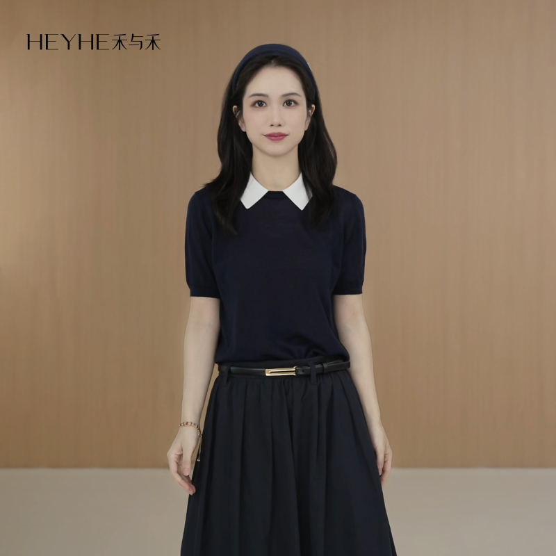 Xiaohe【Innocent】Mulberry Silk Fine-Spun Wool Lyocell Faux Two-Piece Short-Sleeve Knit Top Women's Polo Shirt