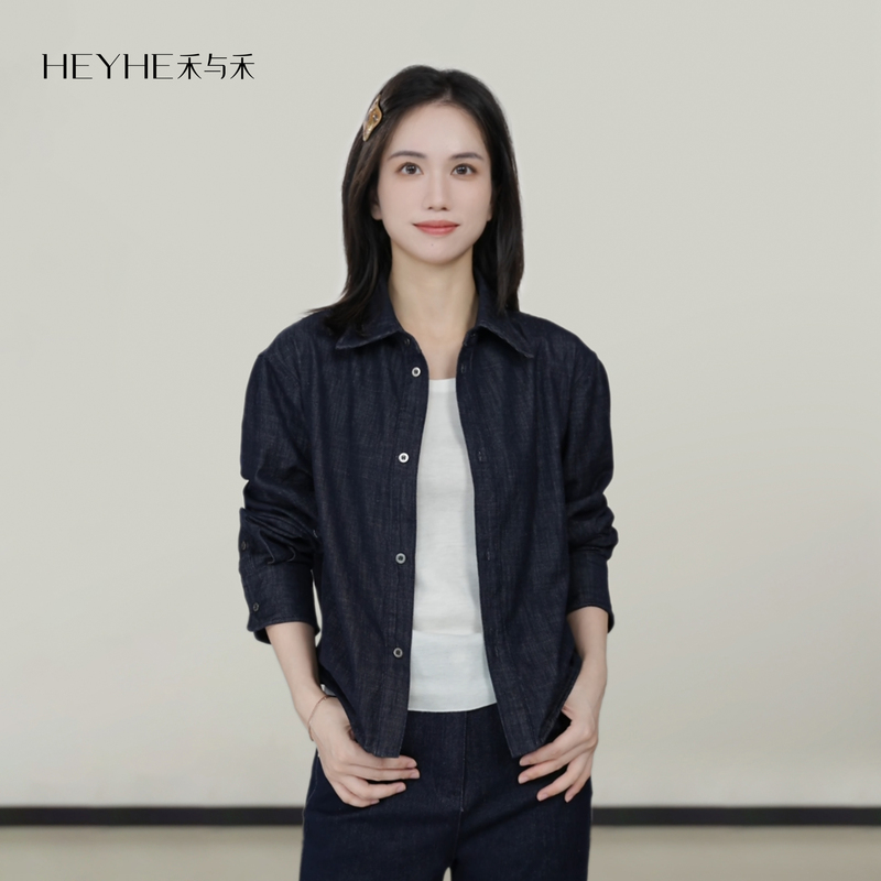 Xiaohe【Hokkaido】100% Cotton Vintage Raw Denim Color Pointed Lapel Stylish Hem Long-Sleeve Button-Down Shirt Xiaohe【Hokkaido】100% Cotton Vintage Raw Denim Color Pointed Lapel Stylish Hem Long-Sleeve Button-Down Shirt