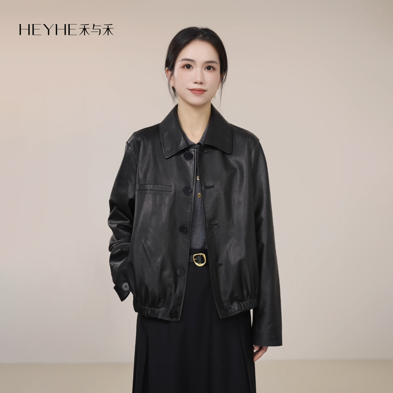 Xiaohe【Gift】Imported Sheep Vegetable-Tanned Leather Soft Vintage Texture Elastic Hem Short Leather Jacket Xiaohe【Gift】Imported Sheep Vegetable-Tanned Leather Soft Vintage Texture Elastic Hem Short Leather Jacket