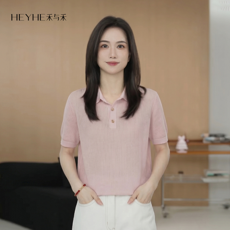 Xiaohe【Peach Blossom Promise】Lyocell Triacetate Textured Slimming Polo Breathable T-Shirt
