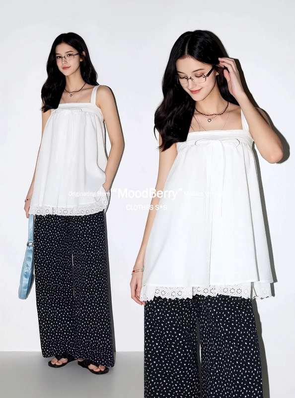 In-Stock Moodberry American Retro Vacation Style Lace Camisole Dress Top for Women, Summer Sleeveless Off-Shoulder Top