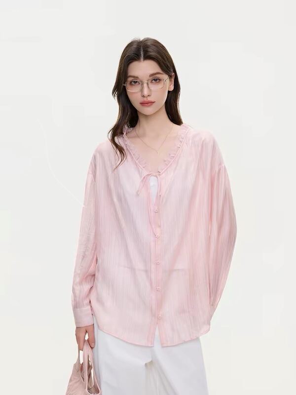 Ikyou Niche Design Cherry Blossom Pink Shirt for Women, Long-Sleeved Summer New Style, Loose Fit, Slimming, Sun-Protective Shirt Jacket, Trendy