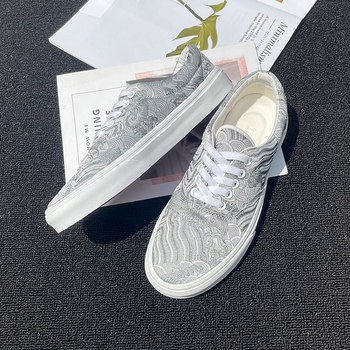 Summer 2025 New Gray Low-Top Embroidered Canvas Shoes Men's Large Size Flats Bottom Breathable Couple Student Casual Sneakers