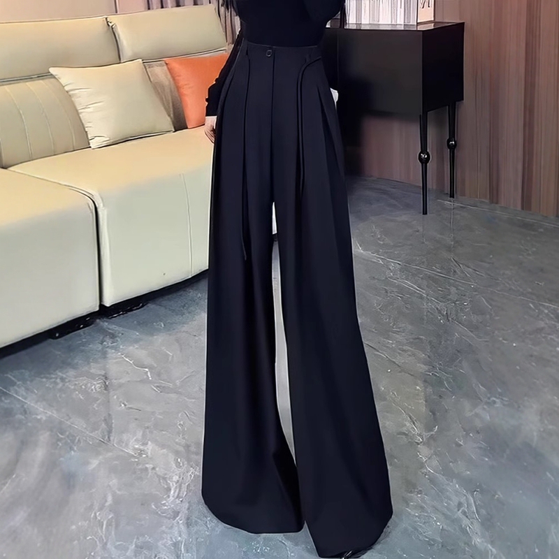 Black Pleated Design Dress Pants for Women, Summer and Autumn, Plus Size, High-Waisted, Slimming, Relaxed, Comfortable, Straight-Leg, Floor-Length Trousers Black Pleated Design Dress Pants for Women, Summer and Autumn, Plus Size, High-Waisted, Slimming, Relaxed, Comfortable, Straight-Leg, Floor-Length Trousers
