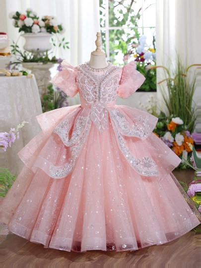 粉色女童礼服小众高端生日花童公主裙儿童绝美主持人钢琴表演出服