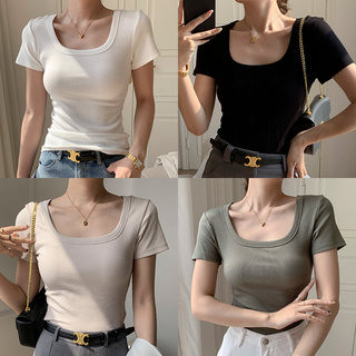 Women's Summer 2025 New Style Short-Sleeved T-Shirt with Square Neckline, U-Neck, Slim Fit, Ribbed White Top for Layering