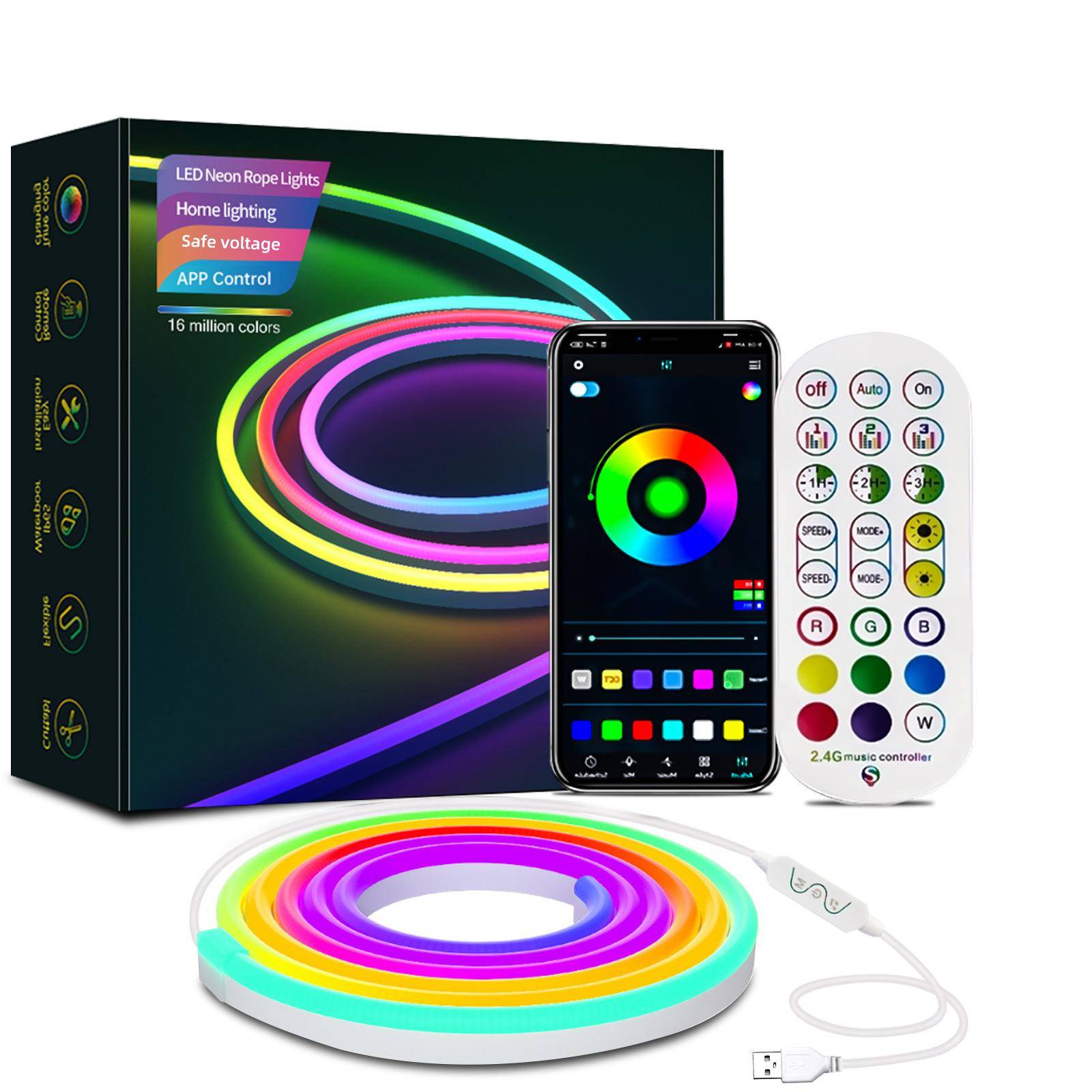 KESHU跨境5V蓝牙音乐幻彩跑马霓虹灯2米5米DIY造型硅胶