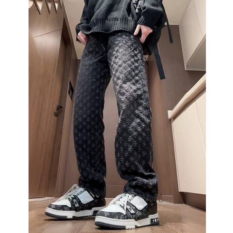 150kg Plus Size Trendy Letter Print Straight-Leg Jeans for Men and Women, Spring and Autumn Design, Washed and Distressed Casual Pants, Ins Style