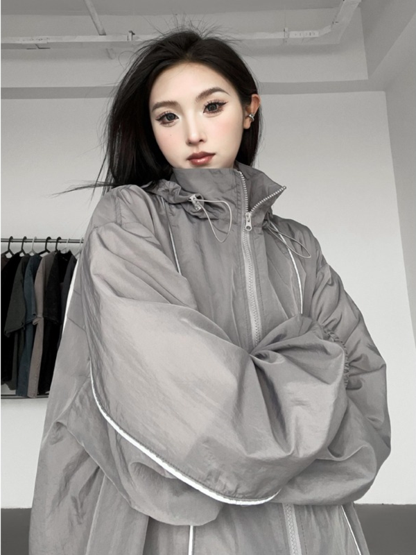 Extra Large Size 150kg American Retro Hooded Sun Protection Clothing for Men and Women, Summer Loose Casual Zipper Jacket Top