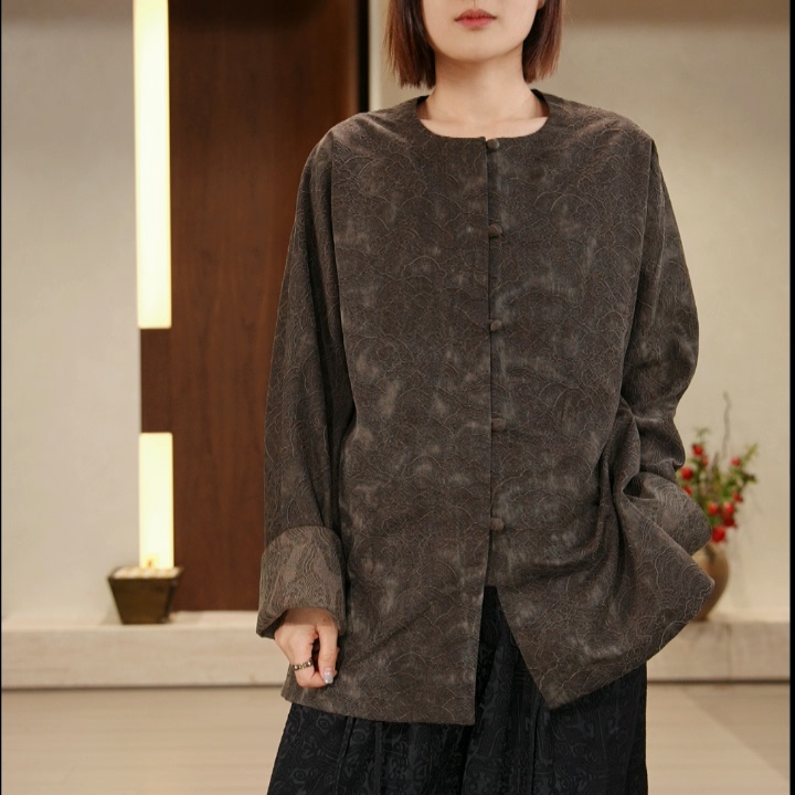 Silk Summer New Chinese Style Mulberry Silk Grass-Dyed Oil Silk Cloud Pattern Round Neck Double-Breasted Jacket