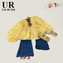(Counter removal area)) Brand counter) Korean childrens clothing 2024 spring and autumn clothing girls puff sleeves yellow floral