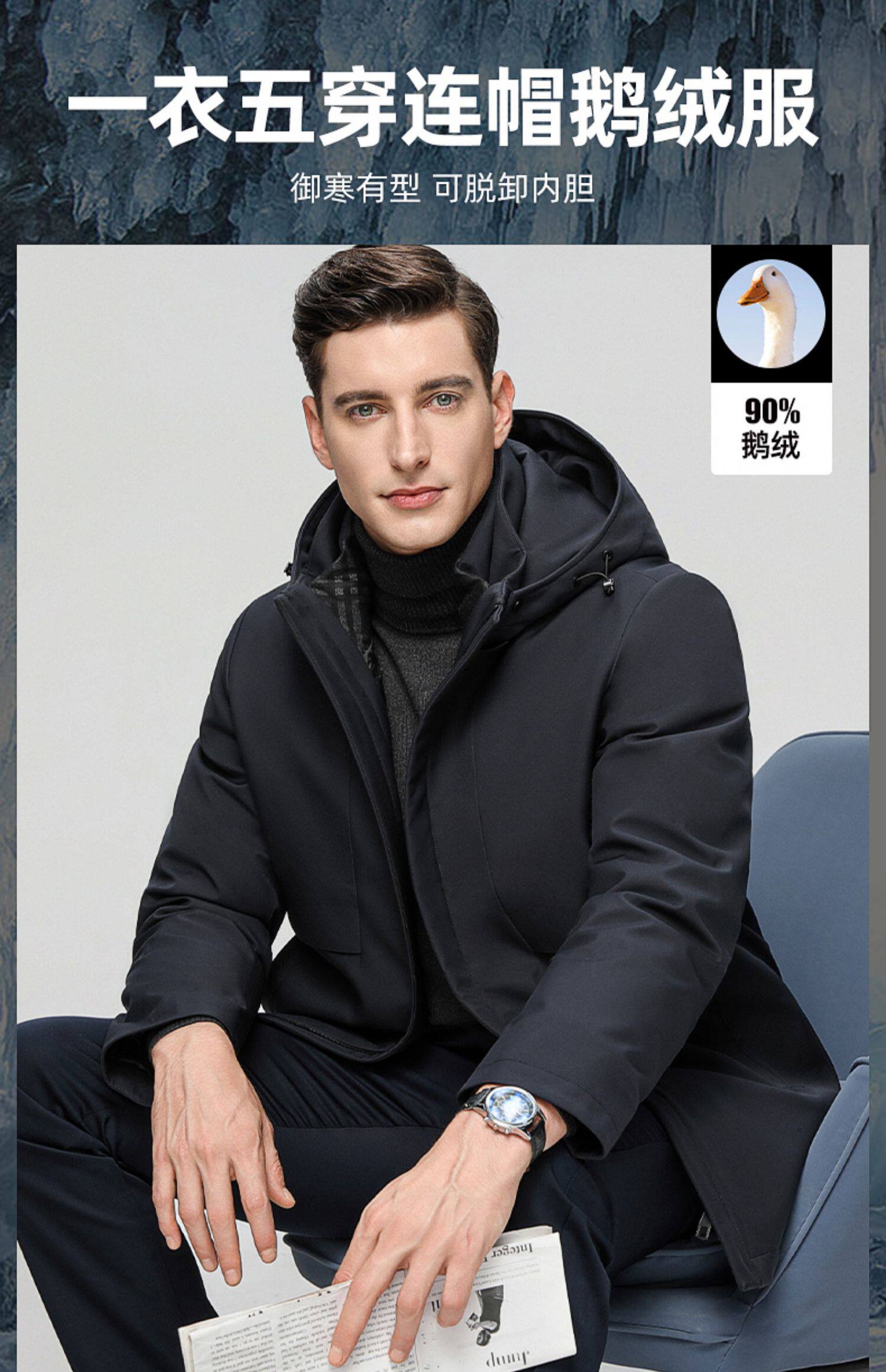 一衣五穿 鸭鸭 鹅绒 男士中长款可拆卸内胆羽绒服 双重优惠折后￥359包邮 2色可选
