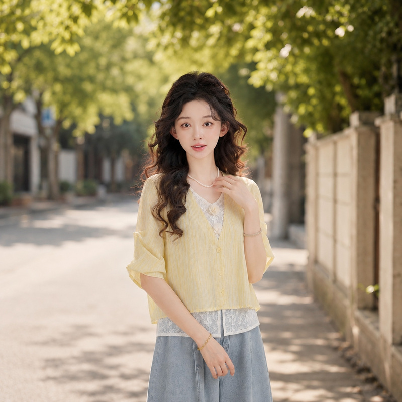 Qianzhu【Thousand Layer Cheese】V-Neck Fake Two-Piece Lace Patchwork Short-Sleeved Shirt Yf1431167 Qianzhu【Thousand Layer Cheese】V-Neck Fake Two-Piece Lace Patchwork Short-Sleeved Shirt Yf1431167