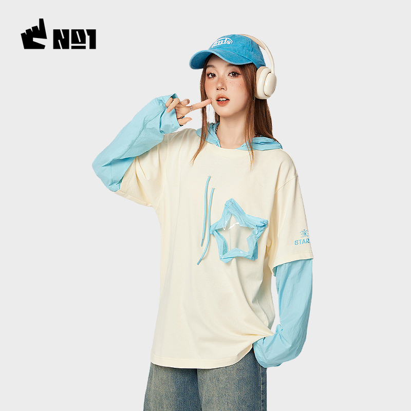 [Puyi Xing Design] Nanbo Wanxing Star Patch Pocket Hooded Long Sleeve T-Shirt with Sun Protection and Fake Two-Piece Long Sleeves