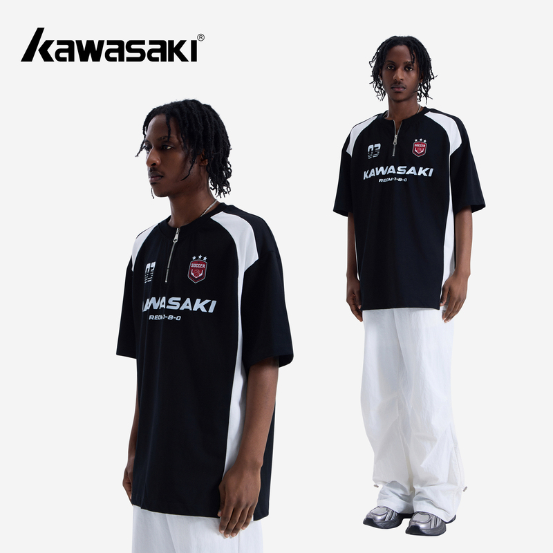 Kawasaki Heavy-Duty American Retro Casual Fashion Motorcycle Sports Patchwork Color-Blocking Versatile Short-Sleeve T-Shirt