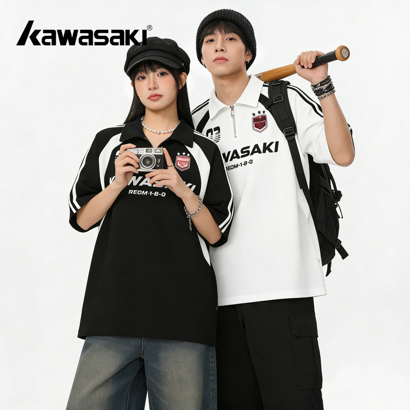 Kawasaki Heavyweight 260 American Retro Embroidered Motorcycle Style Color-Block Turn-Down Collar Loose Casual Short Sleeve T-Shirt