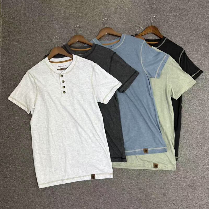 Feijie's Little Shop Ld100 Cotton Bamboo Cotton 4-Button Henry Collar Men's Summer New Short-Sleeve T-Shirt with Letter Embroidery