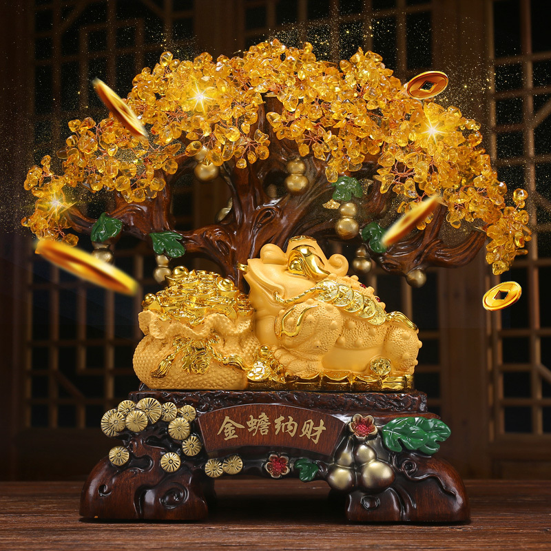 Golden Toad Fortune Ornament, Citrine Money Tree, Treasure Bowl, Light Luxury Living Room Decoration, High-End Gift for Friends, Store Opening Gift