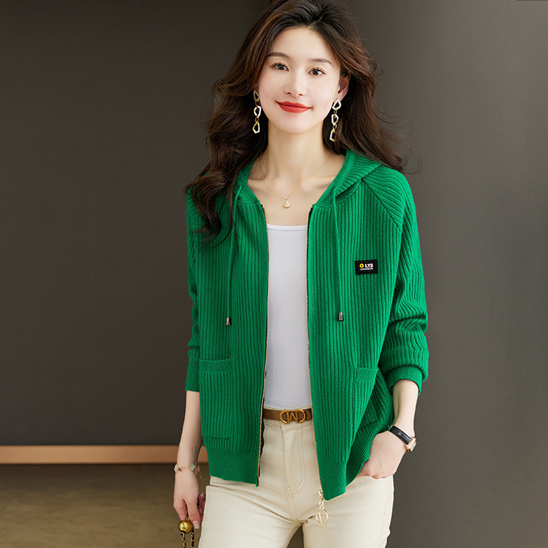 Casual Hooded Sweatshirt Jacket for Women, Spring and Autumn 2025 New Style, Stylish Green Outerwear Sweater, Mom's Knitted Cardigan