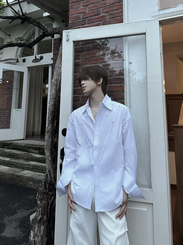 Jichuan Yep High-End Rivet-Studded Stylish Niche Design Trendy Shoulder-Padded Lapel Shirt for Men and Women