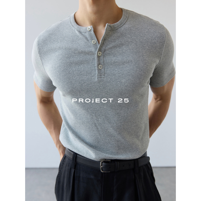 Project 25 Threaded Stretch Fit Henry Collar Short Sleeve T-Shirt for Men, Summer, Slimming, Casual, Comfortable, Versatile Project 25 Threaded Stretch Fit Henry Collar Short Sleeve T-Shirt for Men, Summer, Slimming, Casual, Comfortable, Versatile