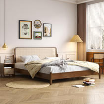 Rattan bed Japanese style solid wood bed modern simple 1 8 meter double bed new Chinese style Nordic bedroom retro large bed