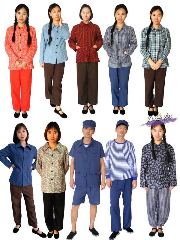 80S Nostalgic Clothing, 70S Rural Village Girl Clothes, 70S and 80S Retro Men's and Women's Worker Performance Costumes, Youth Workers